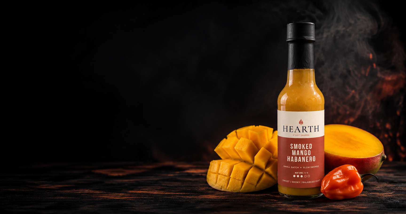 Hearth Smoked Mango Habanero in a labeled 150 ml woozy bottle with a black neck seal, beside fresh mango and habanero on a dark wooden table
